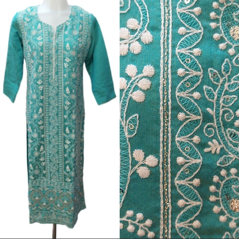 Sabhyata Chikankari Kurti Teal White Gold